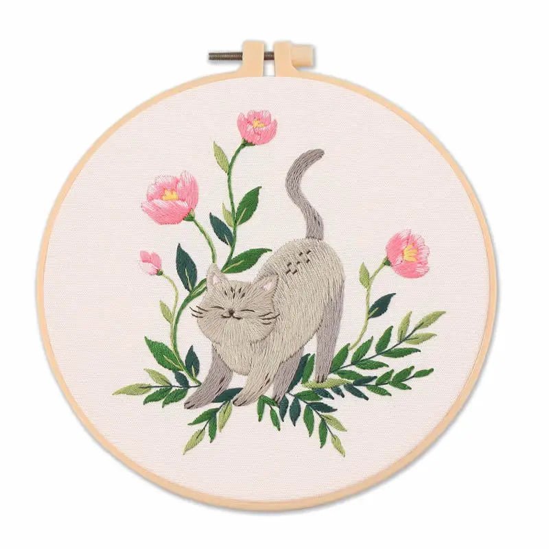 Cat Embroidery Kit — Stretching Cat Design — Beginner Hoop Art — Friedlies