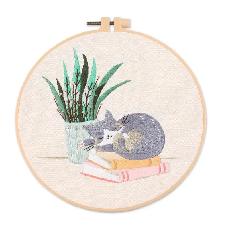 Cat on Books Embroidery Kit — Reading Cat Design — Beginner Hoop Art — Friedlies