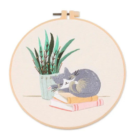 Cat on Books Embroidery Kit — Reading Cat Design — Beginner Hoop Art — Friedlies