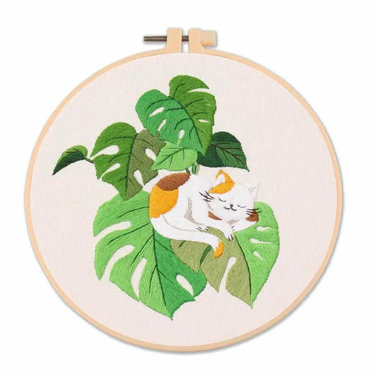 Cat on Plant Embroidery Kit — Botanical Cat Design — Beginner Hoop Art — Friedlies