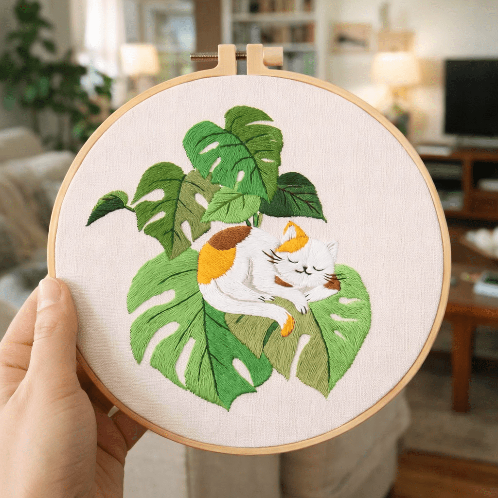 Cat on Plant Embroidery Kit — Botanical Cat Design — Beginner Hoop Art — Friedlies