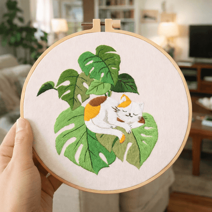 Cat on Plant Embroidery Kit — Botanical Cat Design — Beginner Hoop Art — Friedlies