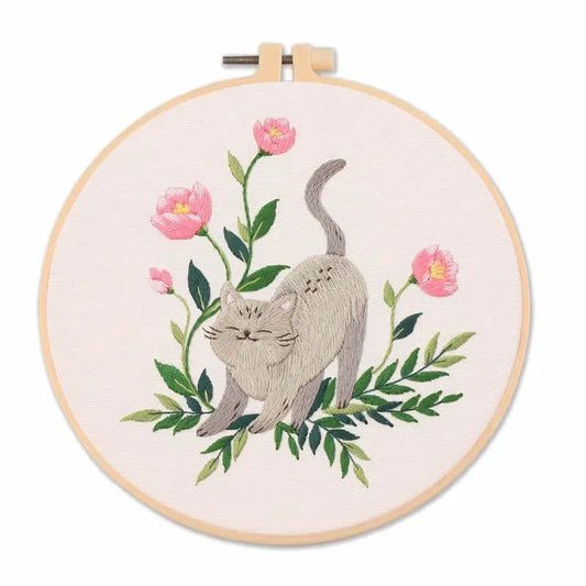 Cat Embroidery Kit — Stretching Cat Design — Beginner Hoop Art — Friedlies