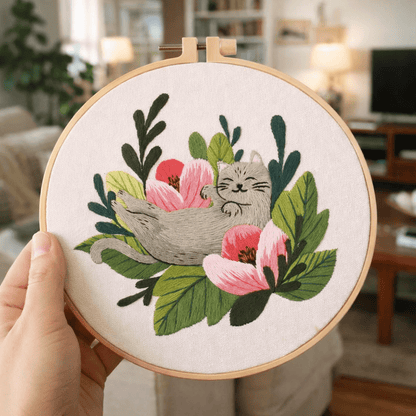 Embroidery hoop with a cat and floral design held in a hand, blurred indoor background